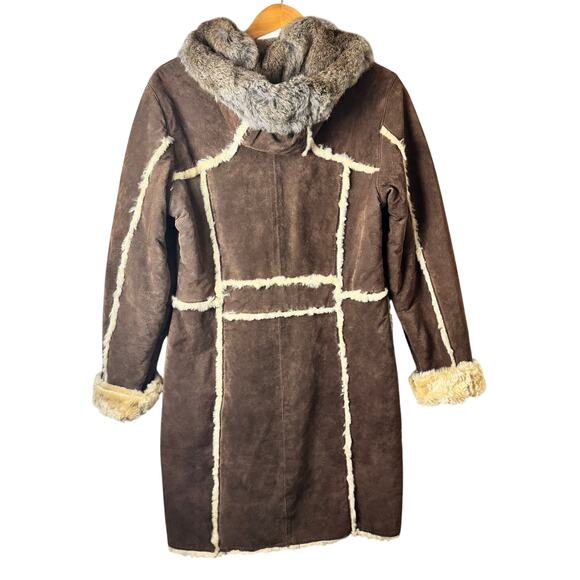 Wilsons Suede Penny Lane Leather Coat Womens Medium Brown Rabbit Fur Boho Toggle - Picture 2 of 15